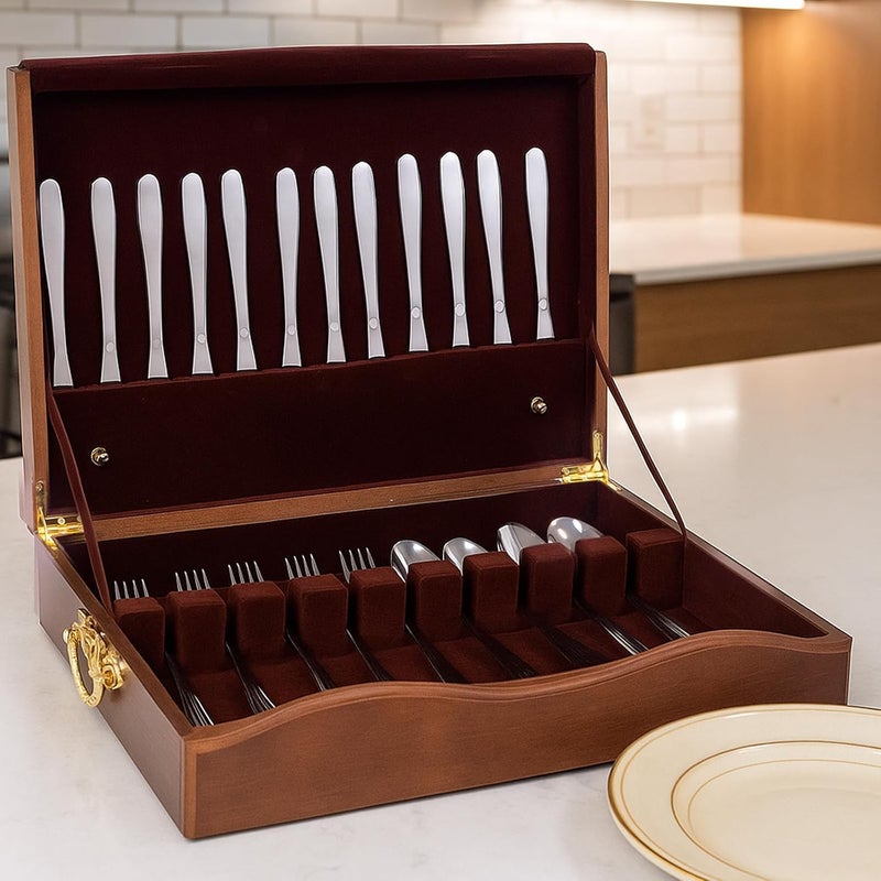 DigNew Silverware Storage Box,1 Layer Wooden Silverware Chest with Drawer,Silverware Case with Handle and Felt Lined,15.35" x 11.41" Flatware and Utensil Organizer for Kitchen,Black(Flatware Not Included) - Image 5